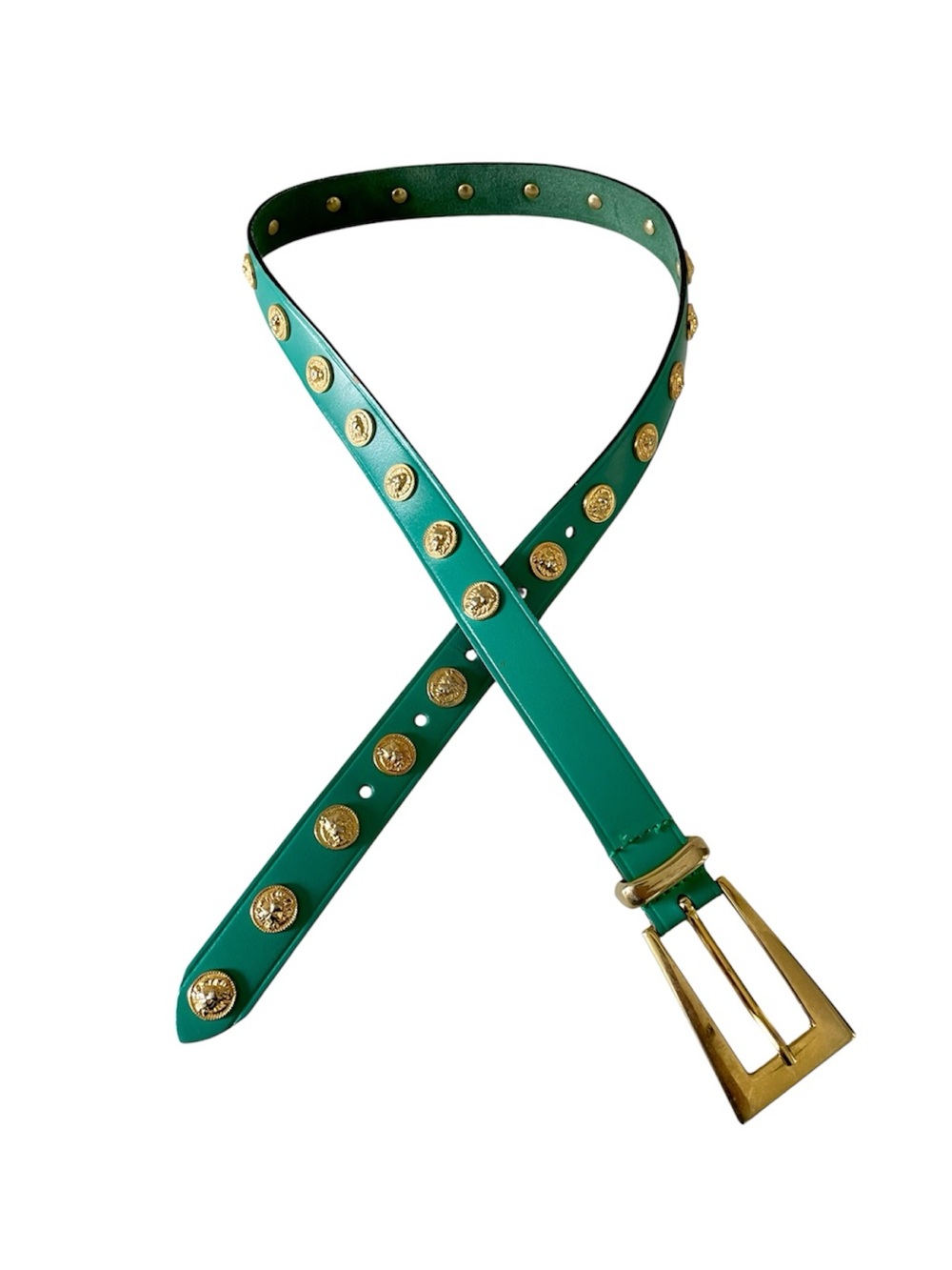 Vintage 90s The Limited Emerald Green Leather Lion Head Medallion Statement Belt